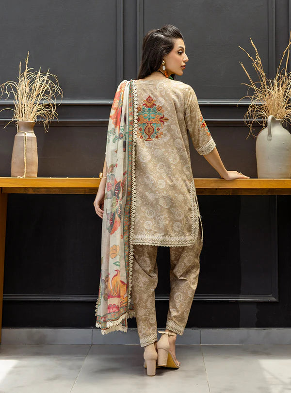 Aymah-Elegant Light Brown Printed 3- piece Lawn Suit By-Zainab Chottani