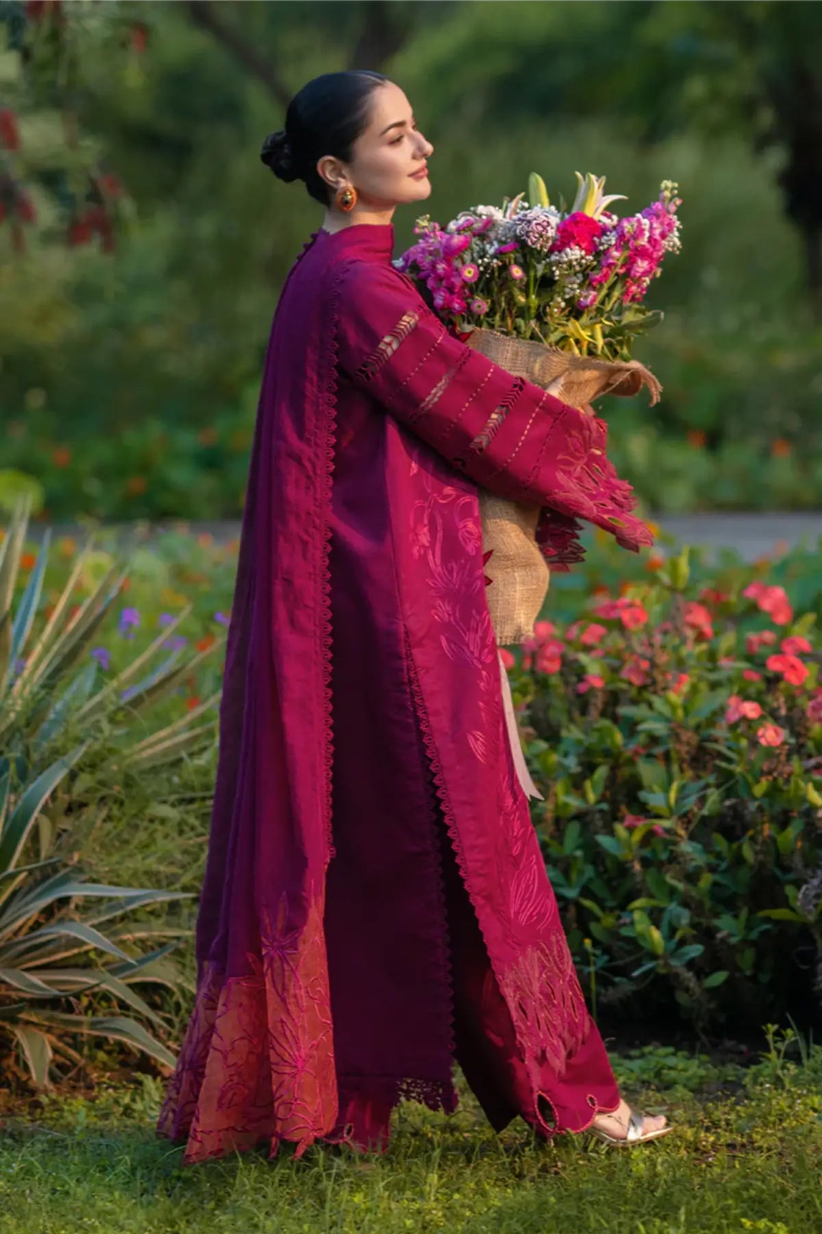 Ayra raspberry stitched lawn 3PC Eid formal suit with embroidered shirt and dupatta Rang Rasiya
