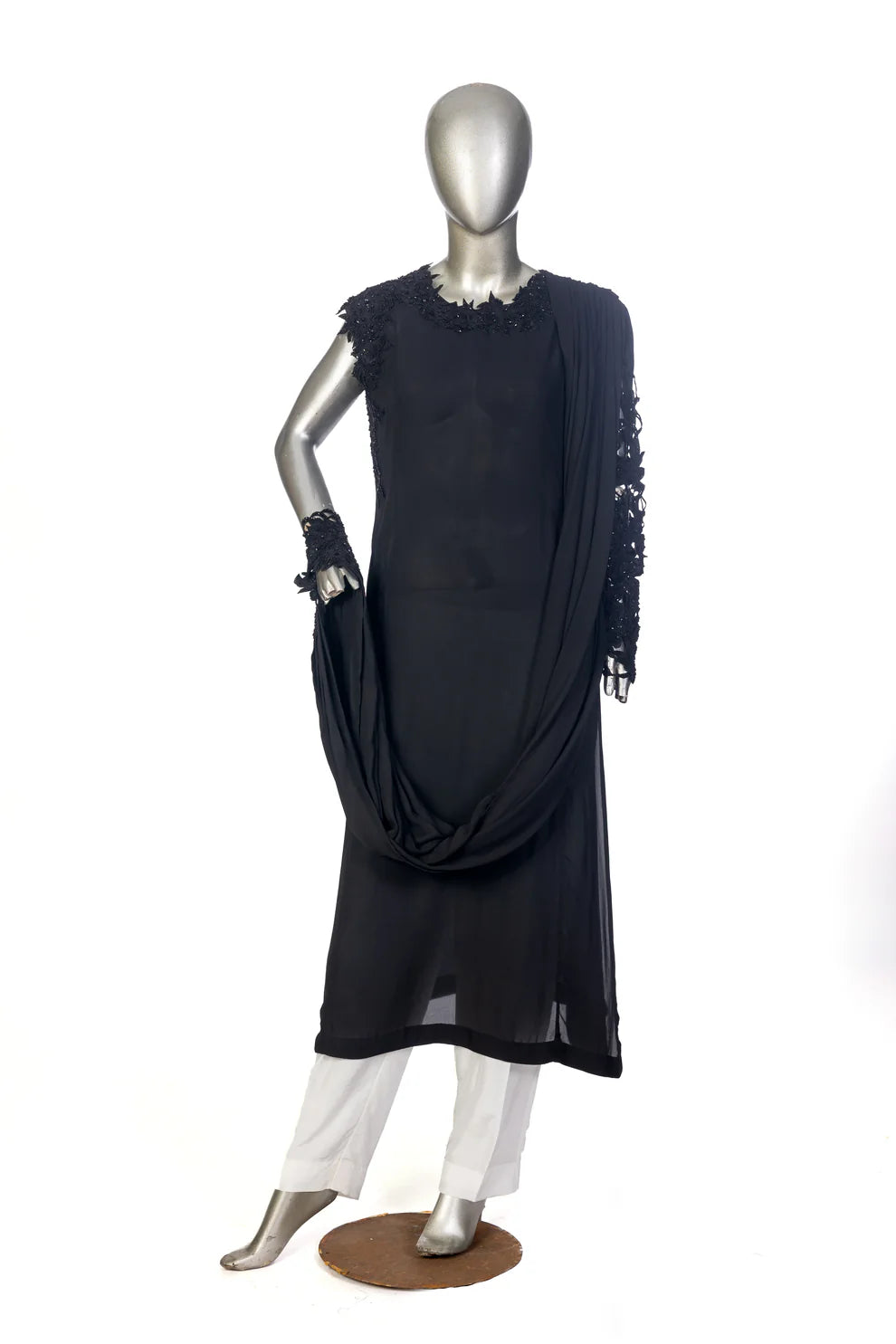 Ayra black georgette shirt with hand-cutwork, Korean pants, and matching dupatta for casual dinners, evening parties, and gatherings by MariamRaj