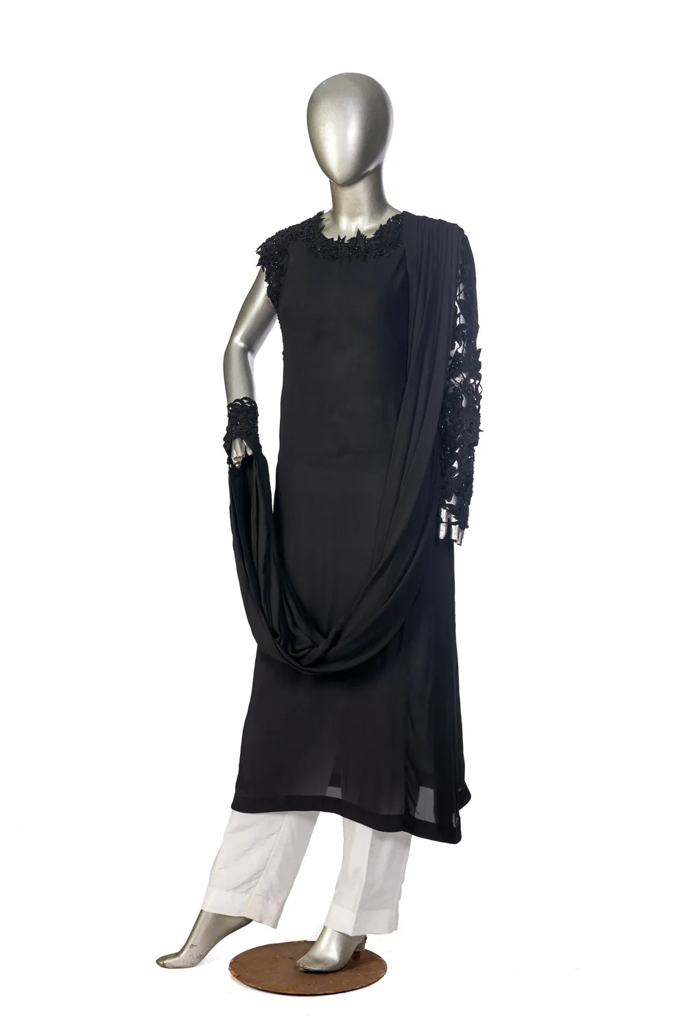 Ayra black georgette shirt with hand-cutwork, Korean pants, and matching dupatta for casual dinners, evening parties, and gatherings by MariamRaj