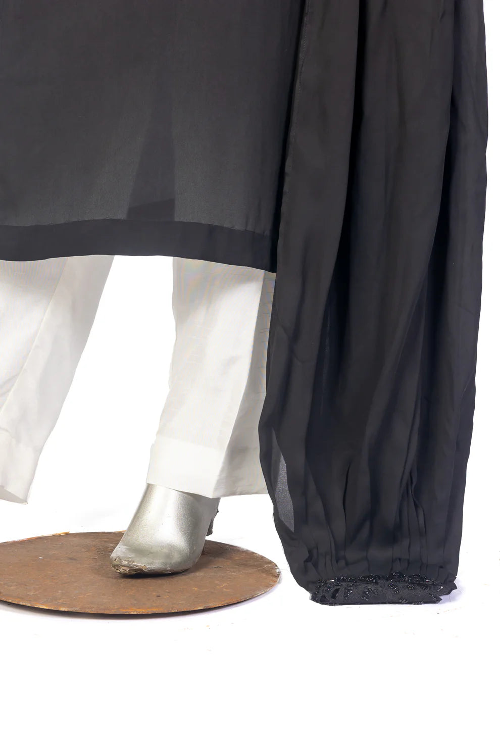 Ayra black georgette shirt with hand-cutwork, Korean pants, and matching dupatta for casual dinners, evening parties, and gatherings by MariamRaj