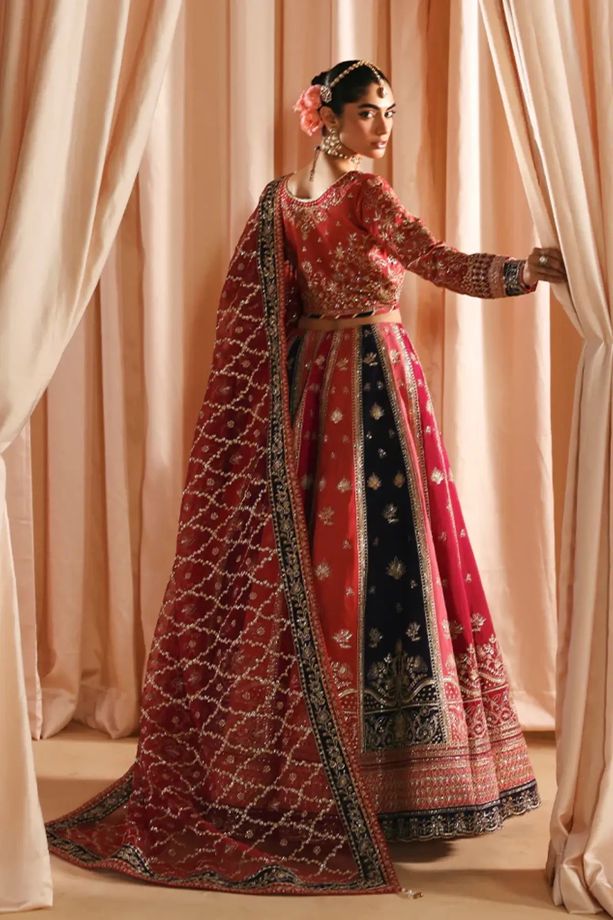 Aysana by Gulaal Fuchsia Rose hand embellished silk lehenga choli with organza dupatta stitched and available online at Pakistanimoda.