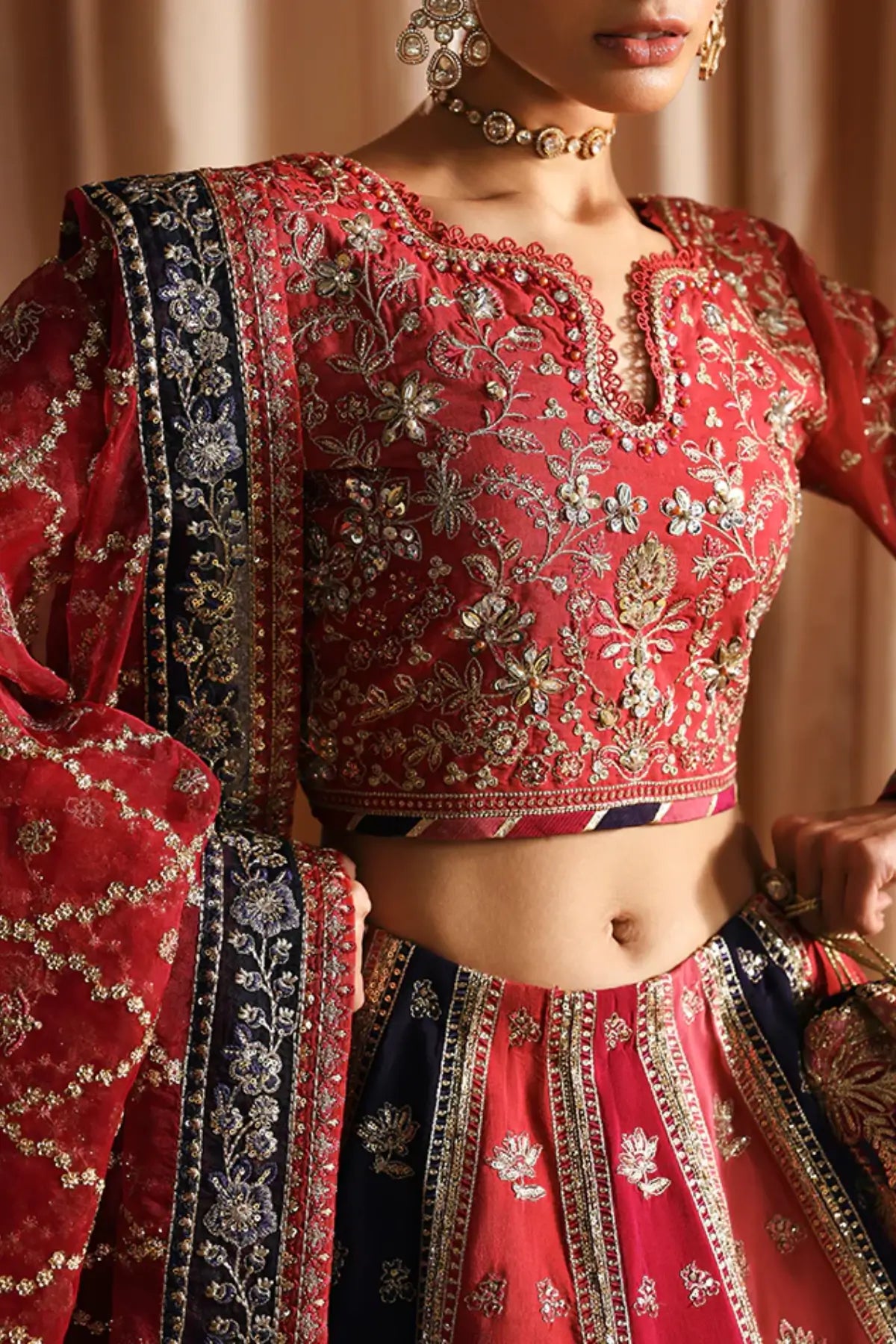 Aysana by Gulaal Fuchsia Rose hand embellished silk lehenga choli with organza dupatta stitched and available online at Pakistanimoda.