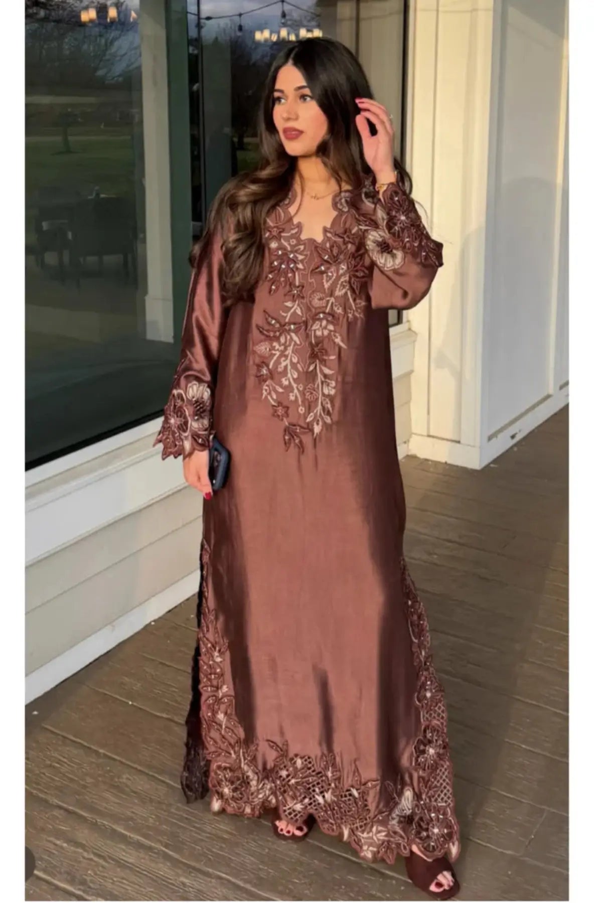 Chocolate brown Ayzal designer kaftan in sheesha silk with mirror work detail