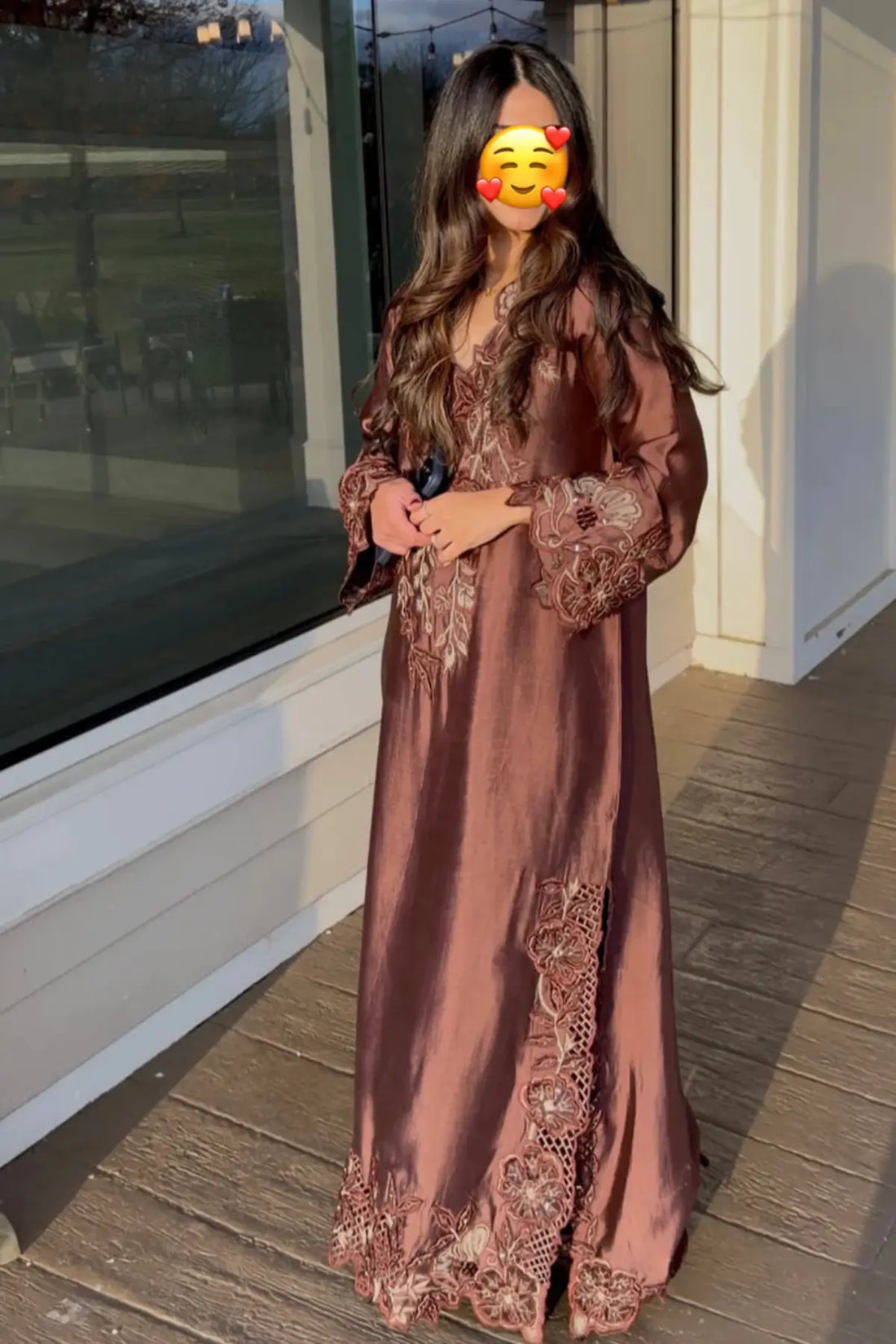 Chocolate brown Ayzal designer kaftan in sheesha silk with mirror work detail