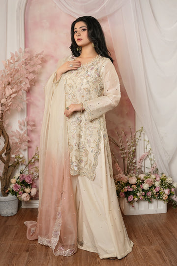 Ayzel ivory organza shirt with pearl net sharara and peach embroidered dupatta by MariamRaj