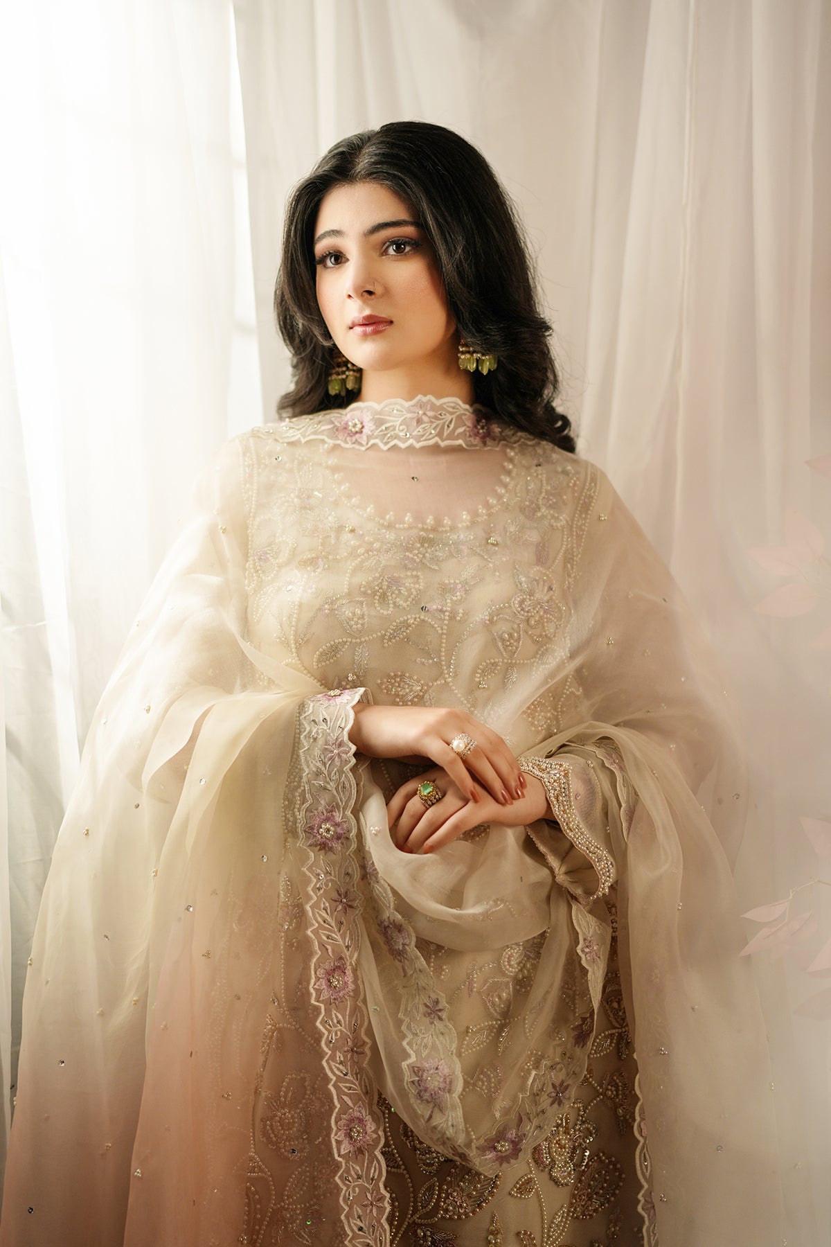 Ayzel ivory organza shirt with pearl net sharara and peach embroidered dupatta by MariamRaj