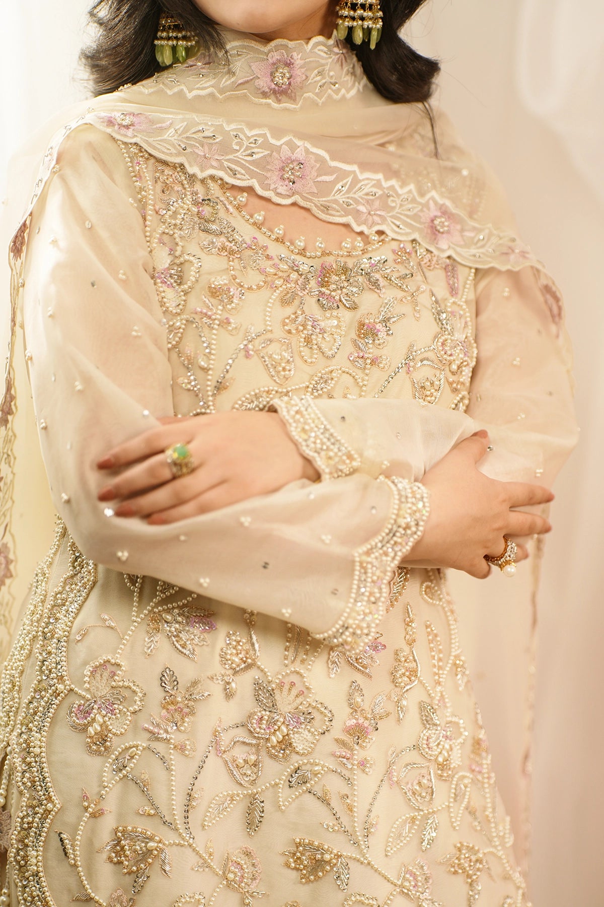 Ayzel ivory organza shirt with pearl net sharara and peach embroidered dupatta by MariamRaj