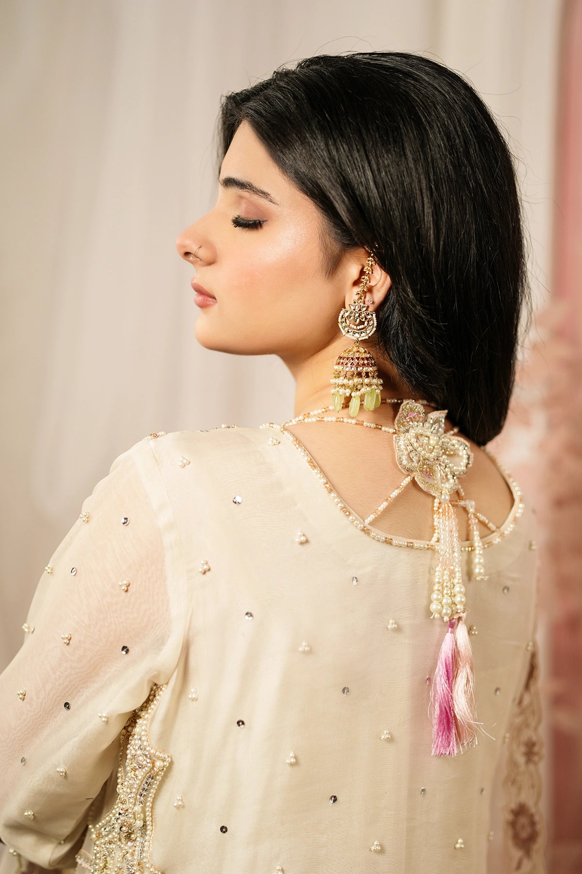 Ayzel ivory organza shirt with pearl net sharara and peach embroidered dupatta by MariamRaj