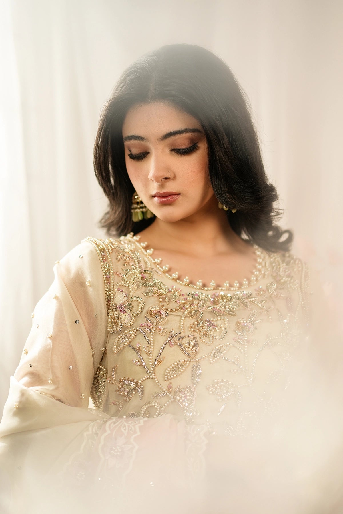 Ayzel ivory organza shirt with pearl net sharara and peach embroidered dupatta by MariamRaj