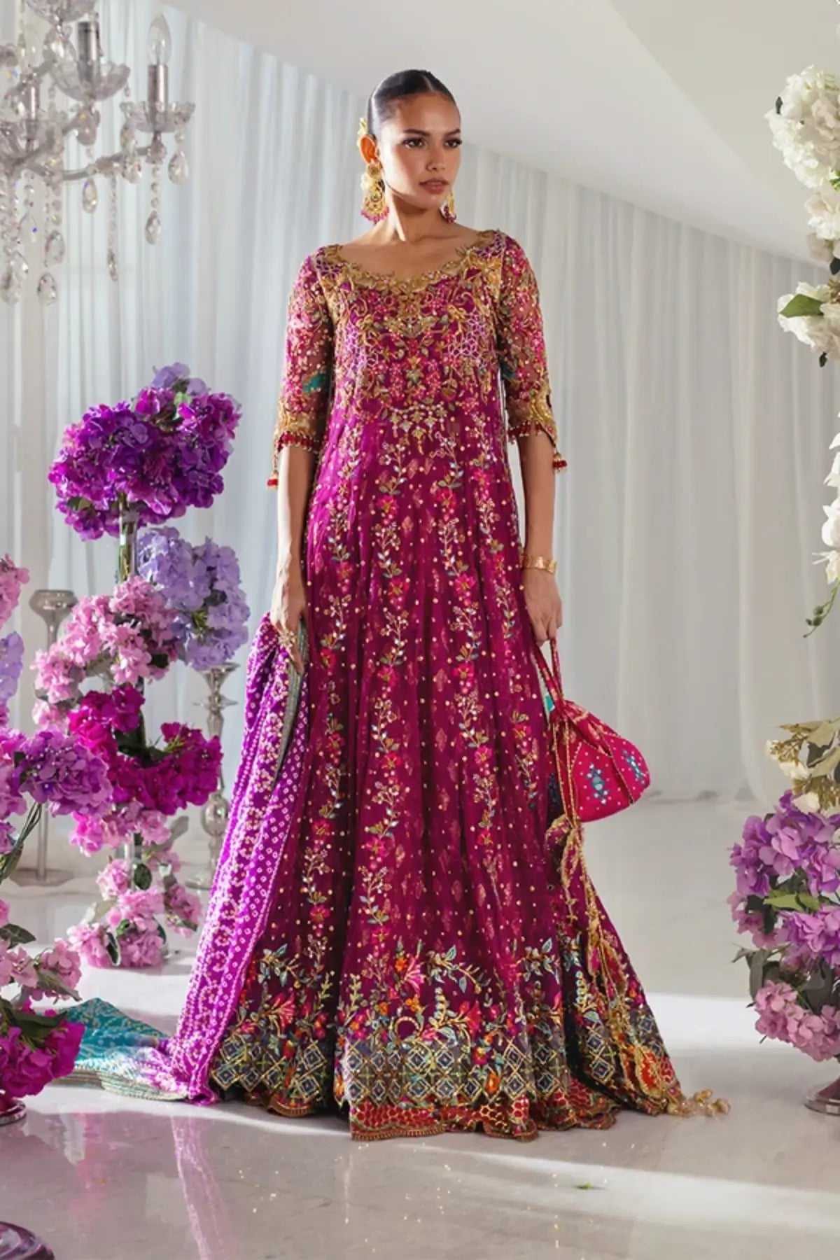 Azadeh Magenta Multicolor Embroidered Net Wedding Pishwas with Cotton Jamawar Lehenga, Teal Blue Net Dupatta and Embellished Pouch