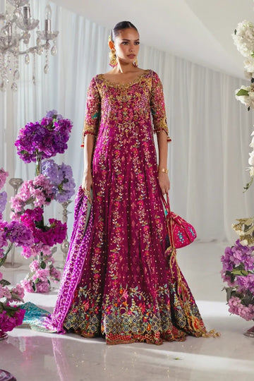 Azadeh Magenta Multicolor Embroidered Net Wedding Pishwas with Cotton Jamawar Lehenga, Teal Blue Net Dupatta and Embellished Pouch