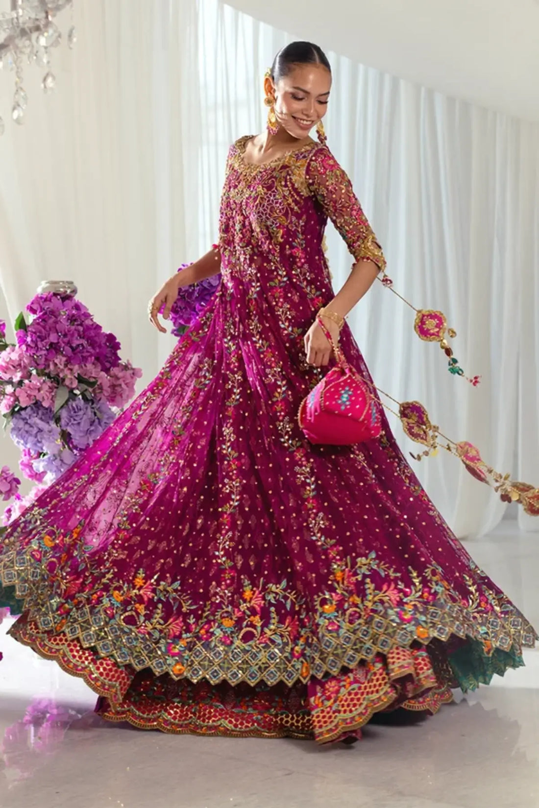Azadeh Magenta Multicolor Embroidered Net Wedding Pishwas with Cotton Jamawar Lehenga, Teal Blue Net Dupatta and Embellished Pouch