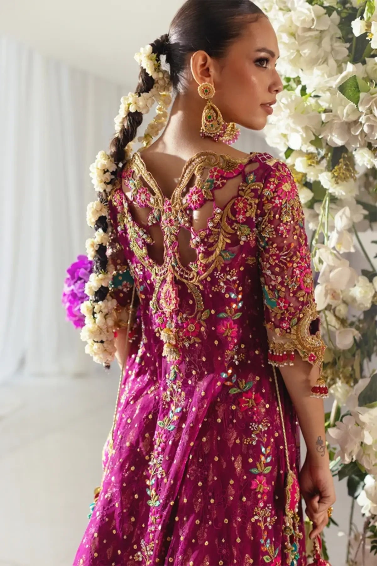 Azadeh Magenta Multicolor Embroidered Net Wedding Pishwas with Cotton Jamawar Lehenga, Teal Blue Net Dupatta and Embellished Pouch