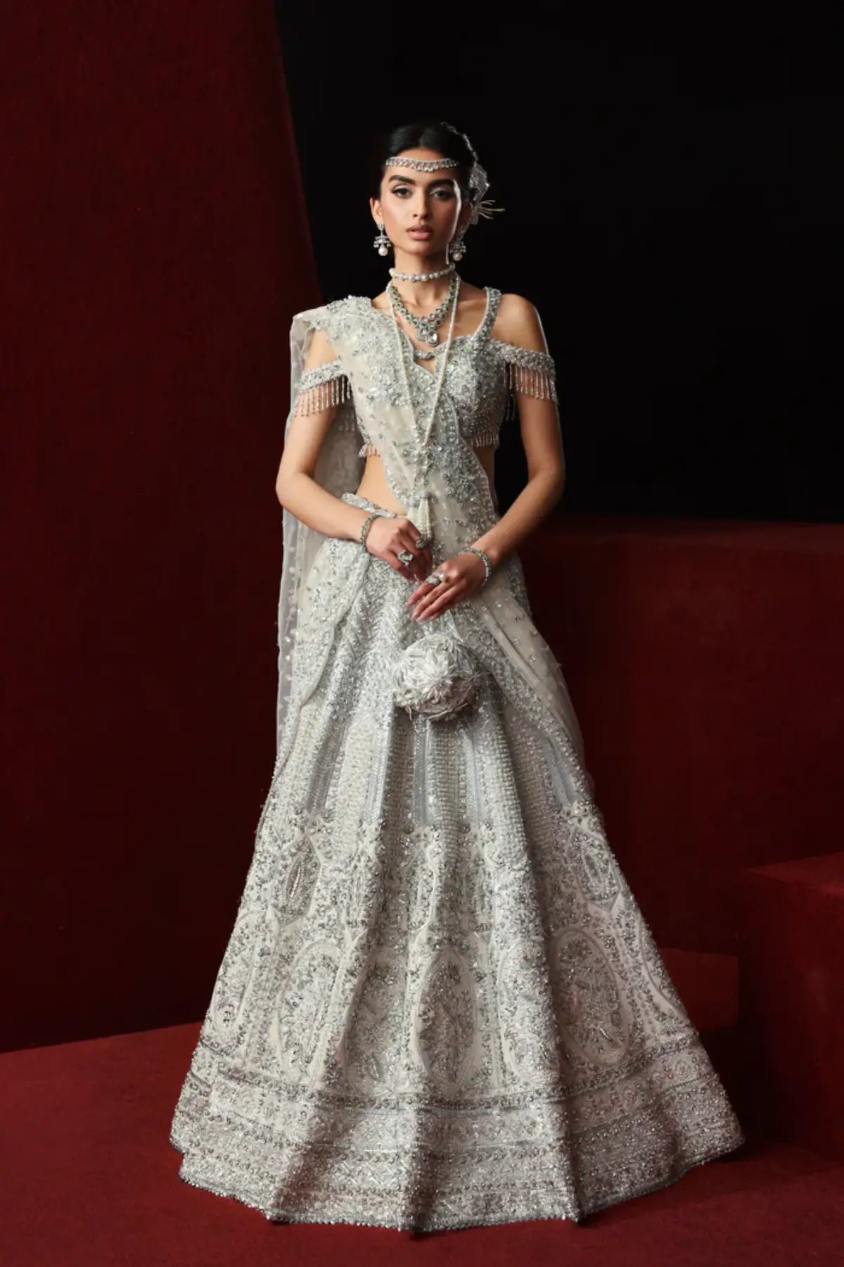 Azalea silver couture bridal lehenga choli from Akbar Aslam Serena Bridal Edit '26 crafted in organza with silk inner.