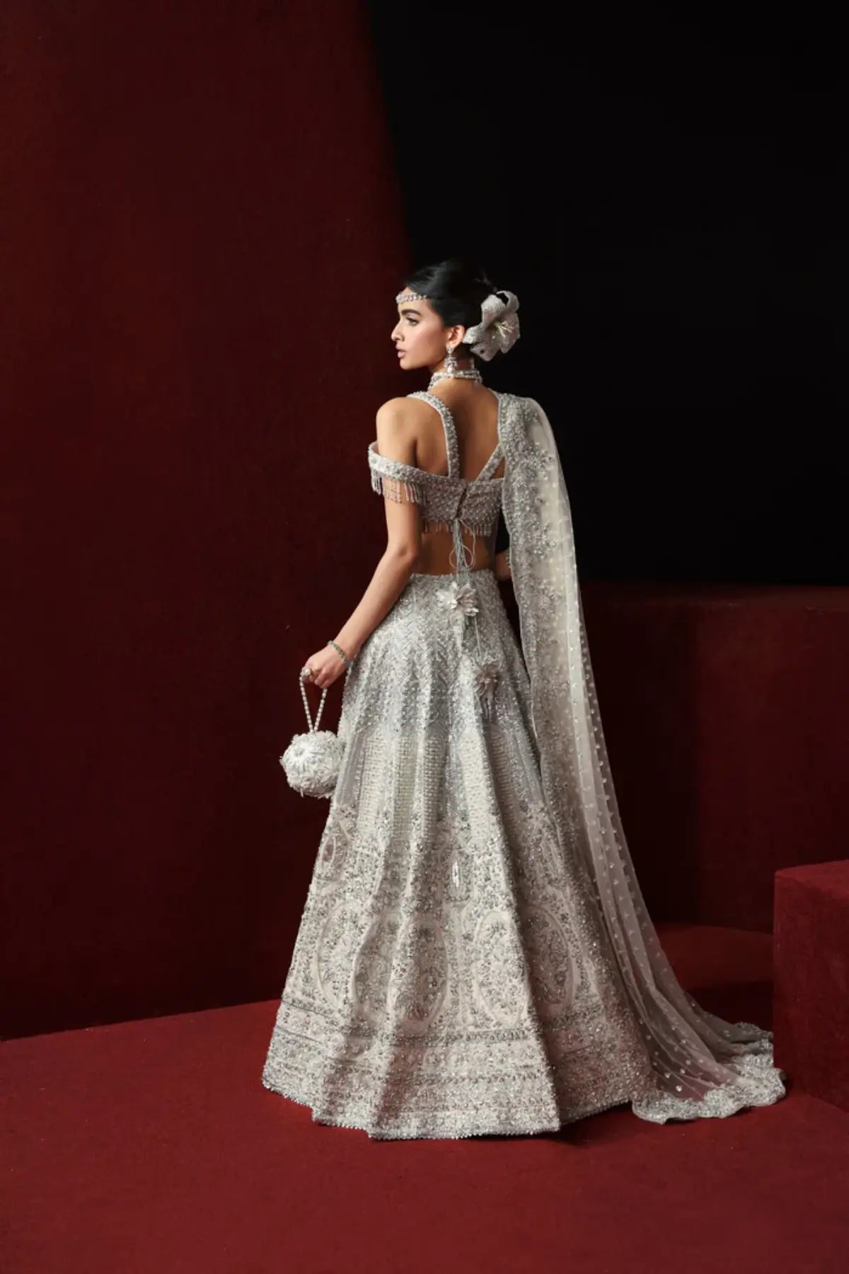 Azalea silver couture bridal lehenga choli from Akbar Aslam Serena Bridal Edit '26 crafted in organza with silk inner.
