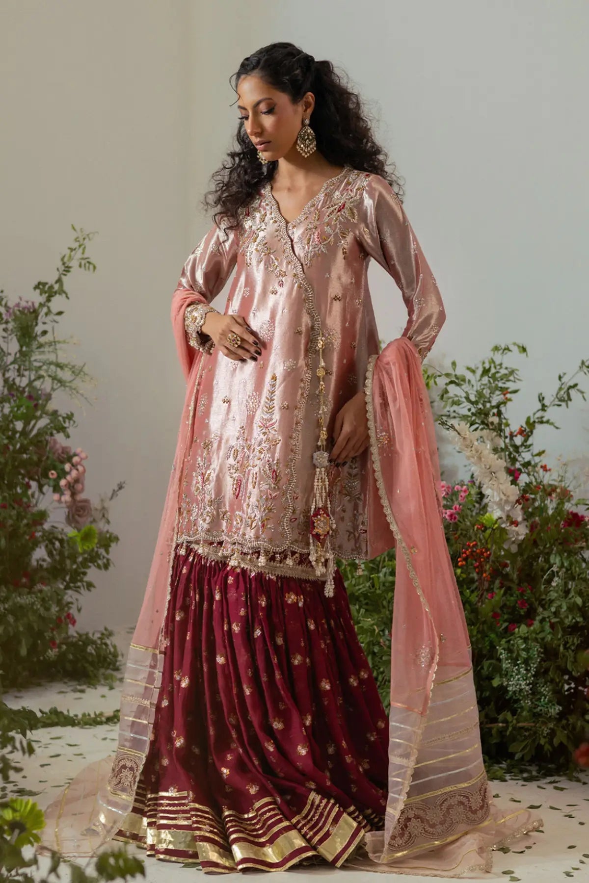 Azara rose gold embellished lamé Angharka outfit with gharara and dupatta for Pakistani formal wear USA