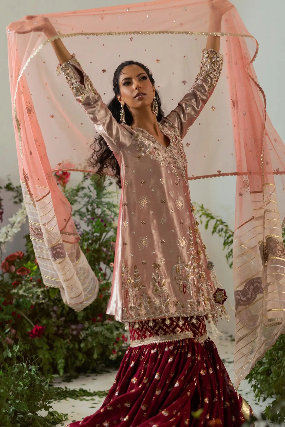 Azara rose gold embellished lamé Angharka outfit with gharara and dupatta for Pakistani formal wear USA