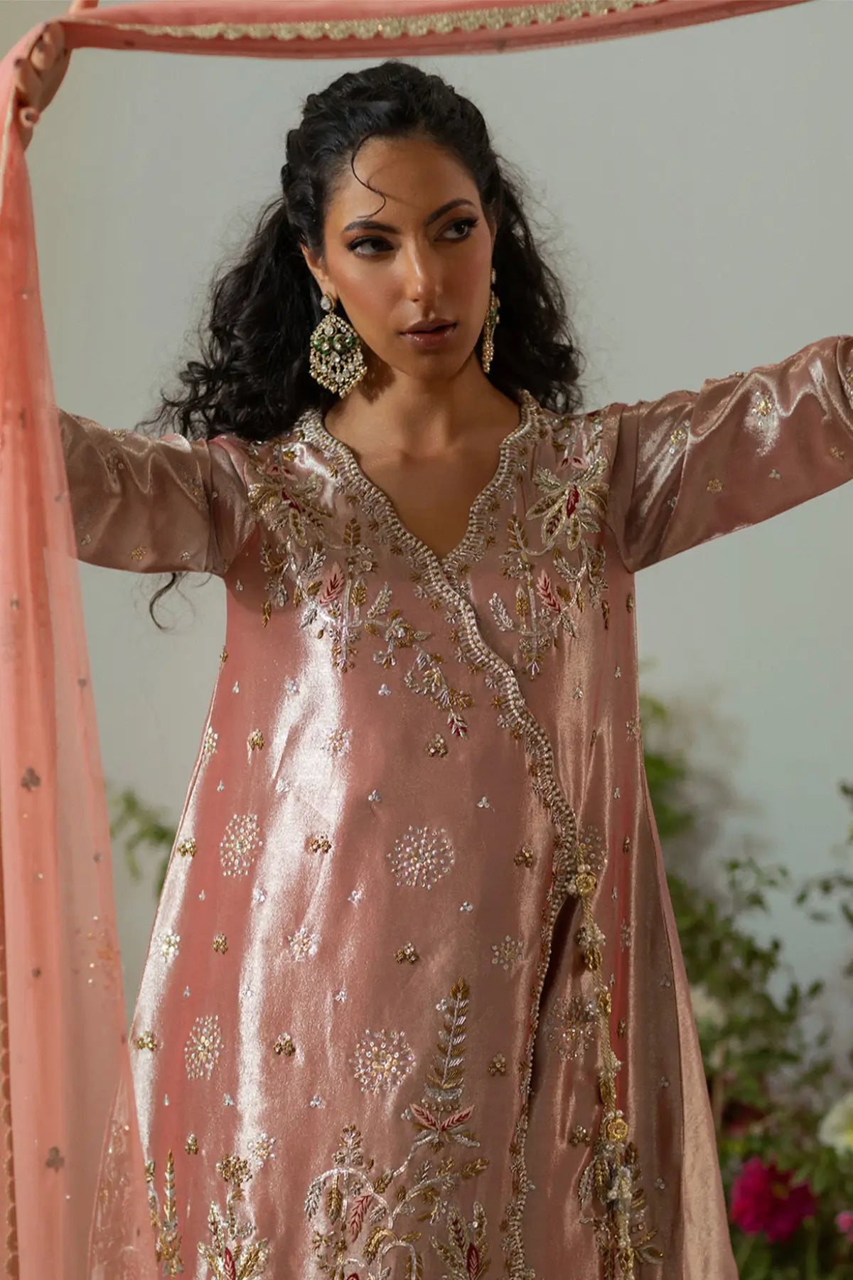 Azara rose gold embellished lamé Angharka outfit with gharara and dupatta for Pakistani formal wear USA