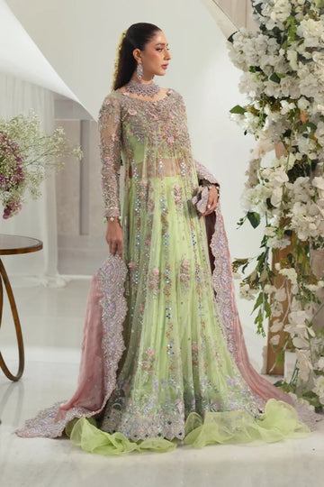 Azita Lime Green Silver Handworked Net Wedding Pishwas with Chiffon Lehenga, Contrasting Pink Lame Dupatta and Embellished Pouch