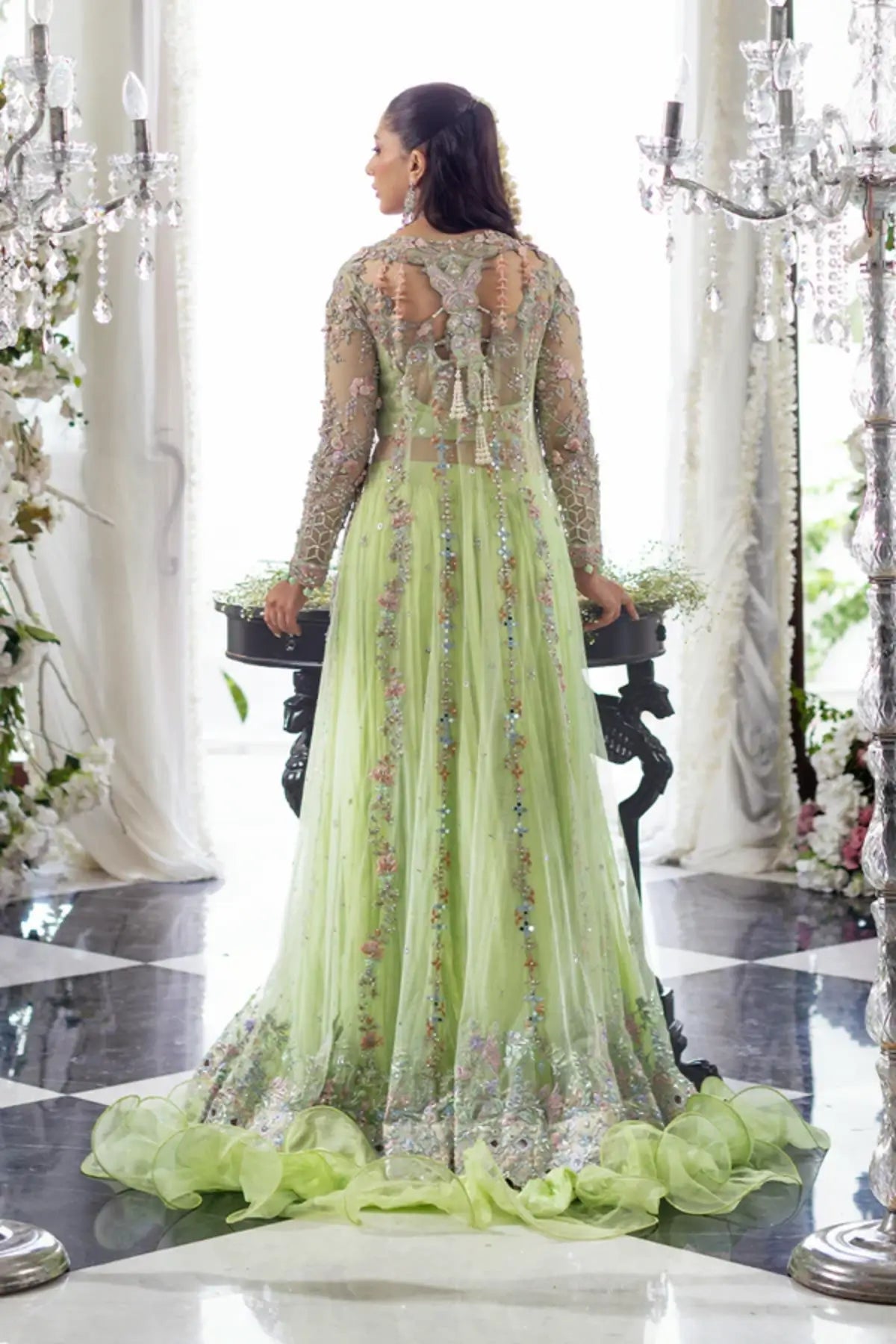 Azita Lime Green Silver Handworked Net Wedding Pishwas with Chiffon Lehenga, Contrasting Pink Lame Dupatta and Embellished Pouch