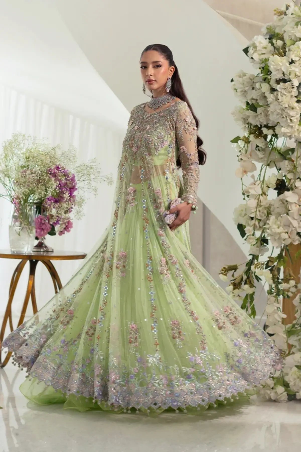 Azita Lime Green Silver Handworked Net Wedding Pishwas with Chiffon Lehenga, Contrasting Pink Lame Dupatta and Embellished Pouch