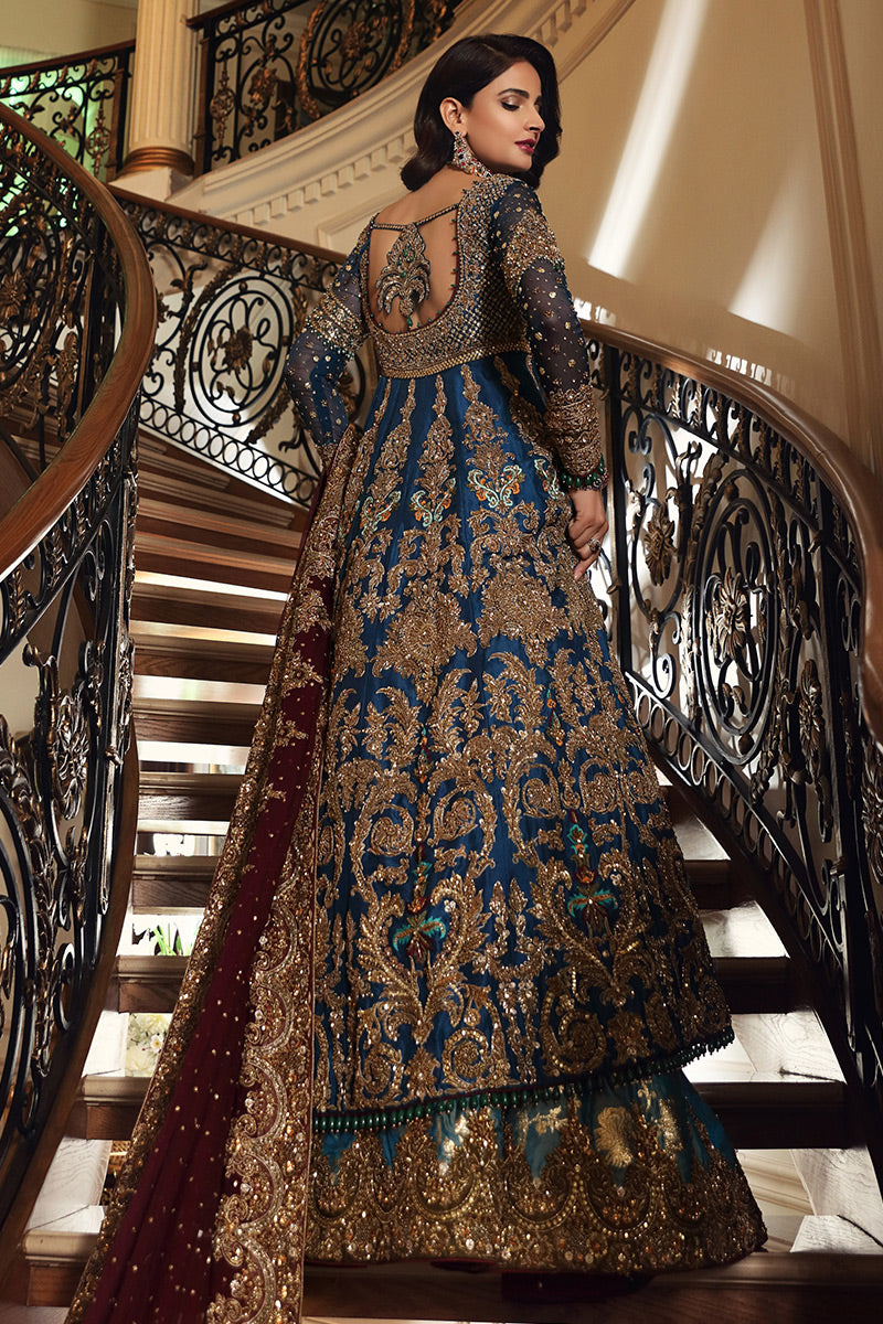 Azmeh- Pakistani Raw silk bridal Anarkali paired with lehenga