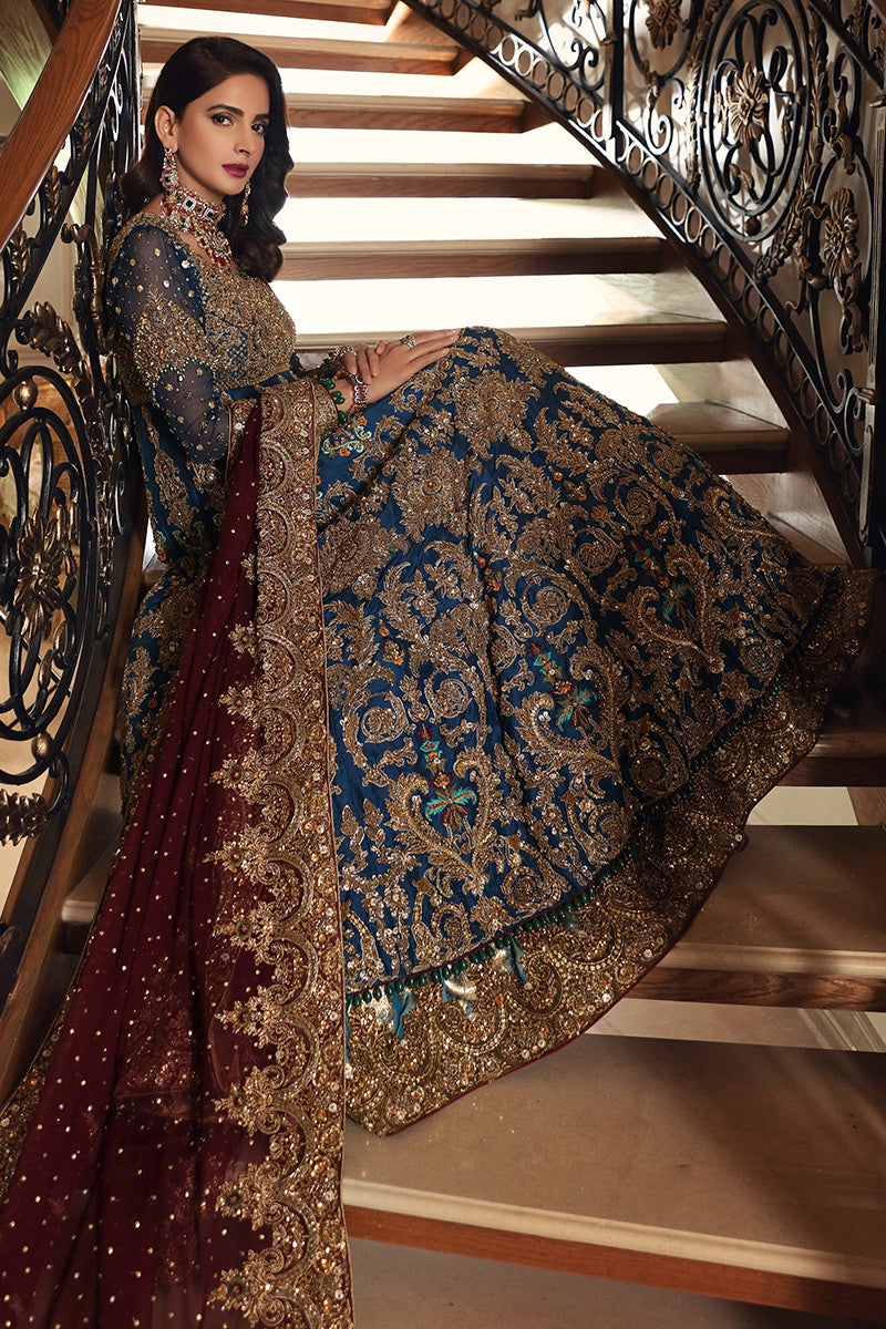 Azmeh- Pakistani Raw silk bridal Anarkali paired with lehenga