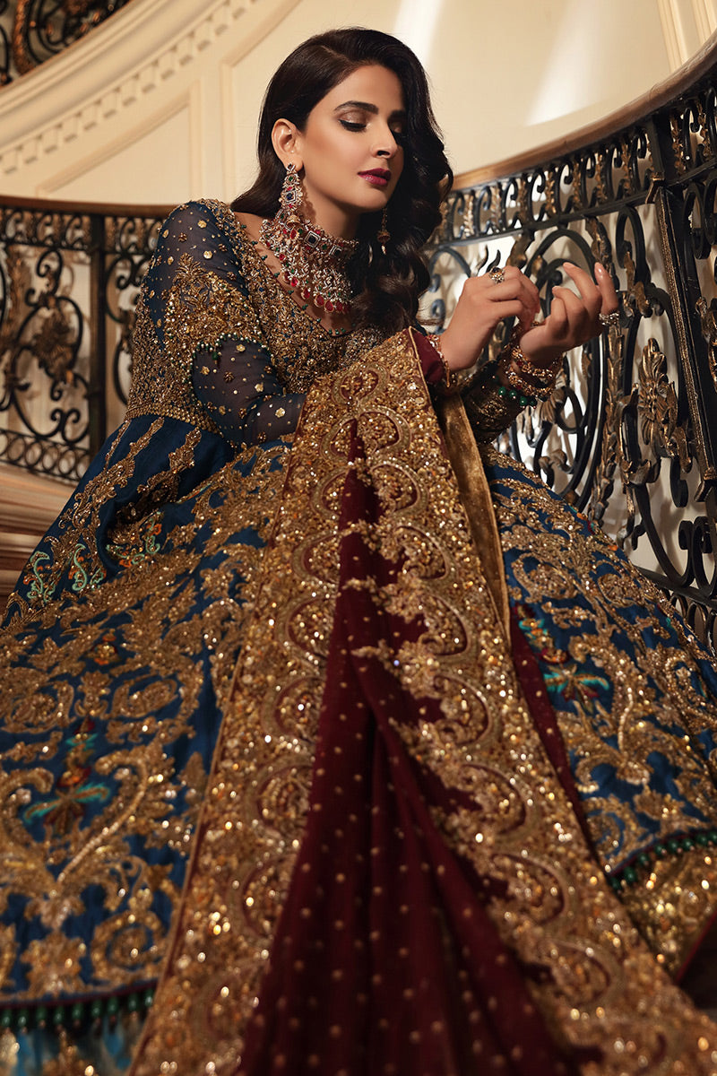 Azmeh- Pakistani Raw silk bridal Anarkali paired with lehenga
