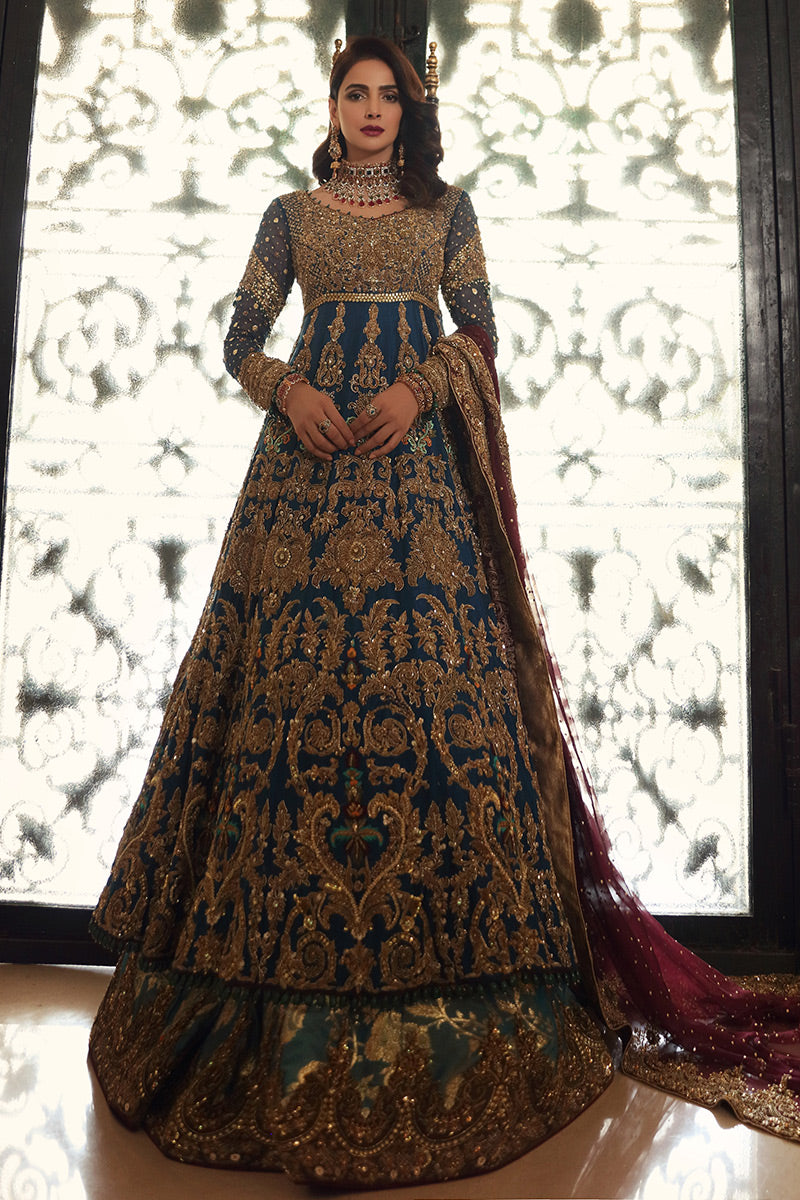 Azmeh- Pakistani Raw silk bridal Anarkali paired with lehenga