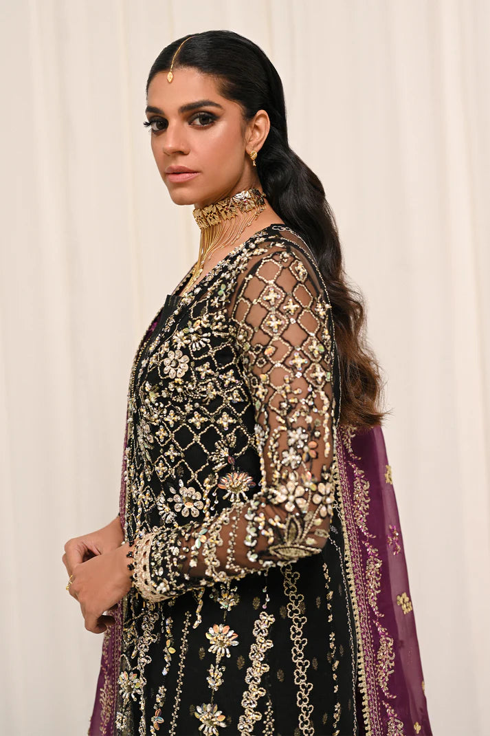 Azra- Luxury black gharara set with floral and sequins dupatta By- Saad Bin Shahzad