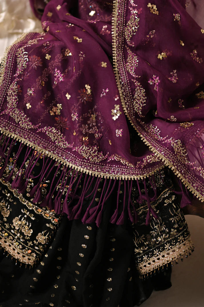 Azra- Luxury black gharara set with floral and sequins dupatta By- Saad Bin Shahzad