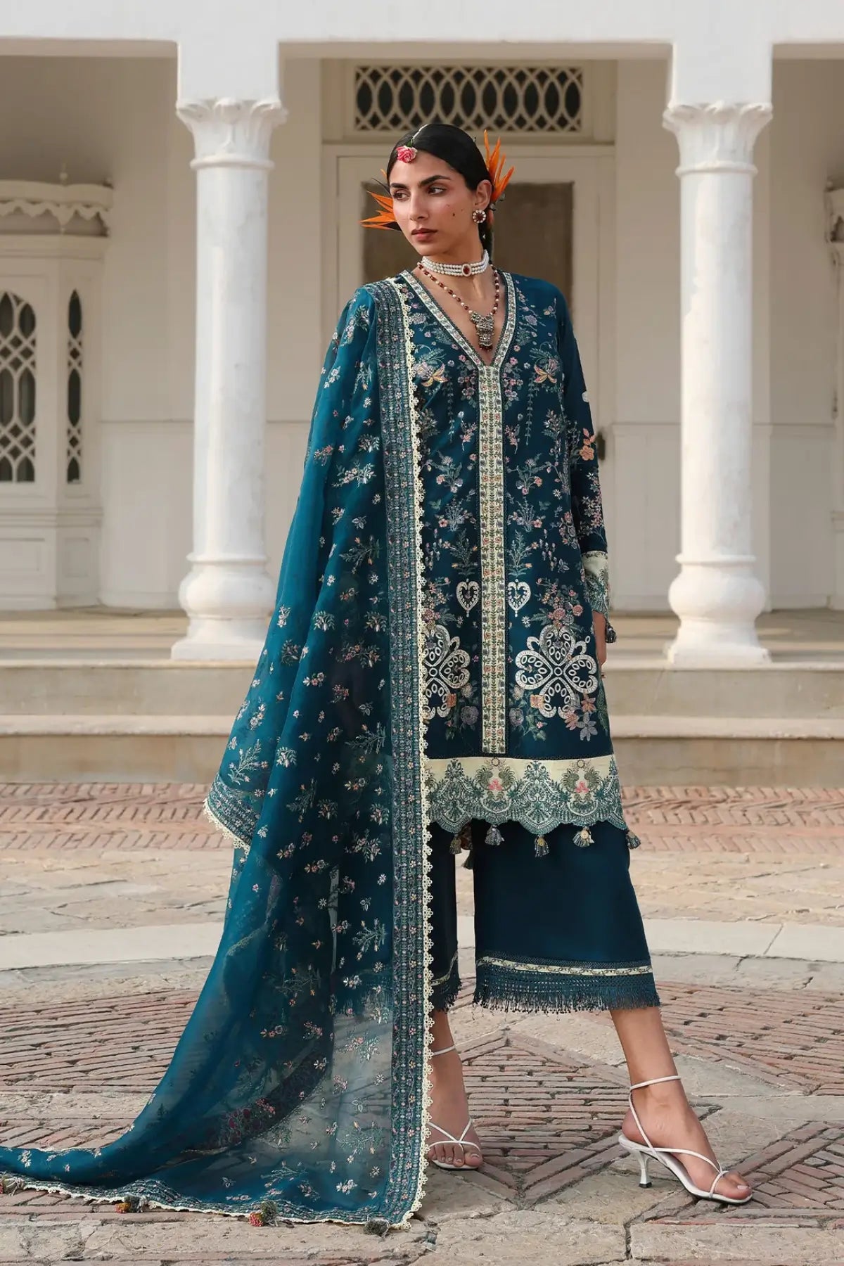 Hussain Rehar Azraq teal lawn suit with fine embroidery and organza dupatta