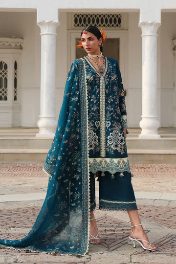 Hussain Rehar Azraq teal lawn suit with fine embroidery and organza dupatta