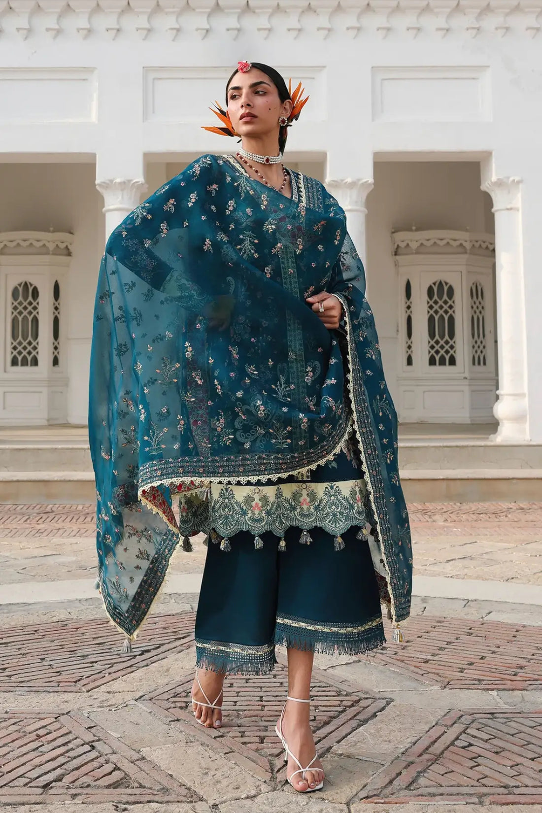 Hussain Rehar Azraq teal lawn suit with fine embroidery and organza dupatta