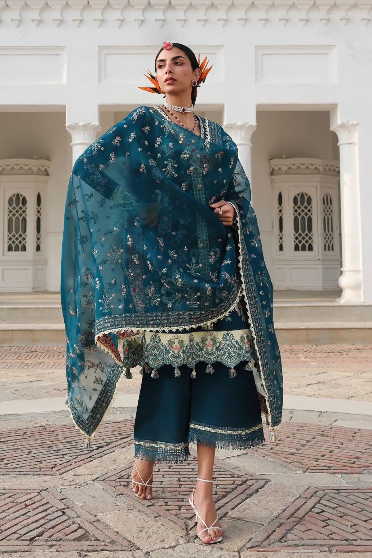 Hussain Rehar Azraq teal lawn suit with fine embroidery and organza dupatta
