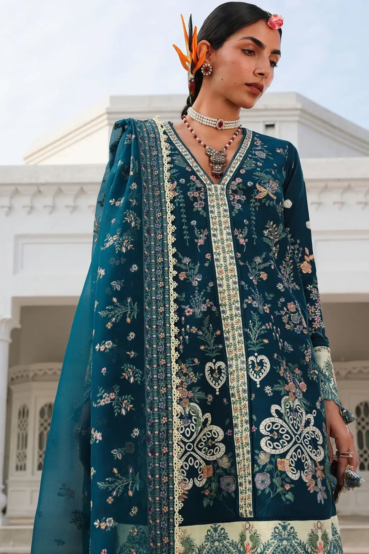 Hussain Rehar Azraq teal lawn suit with fine embroidery and organza dupatta