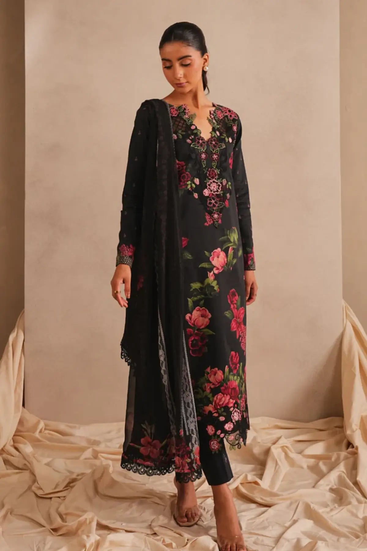 Azure Bloom MSSL-07 by Asifa & Nabeel black stitched lawn 3PC from Meraki Summer 26