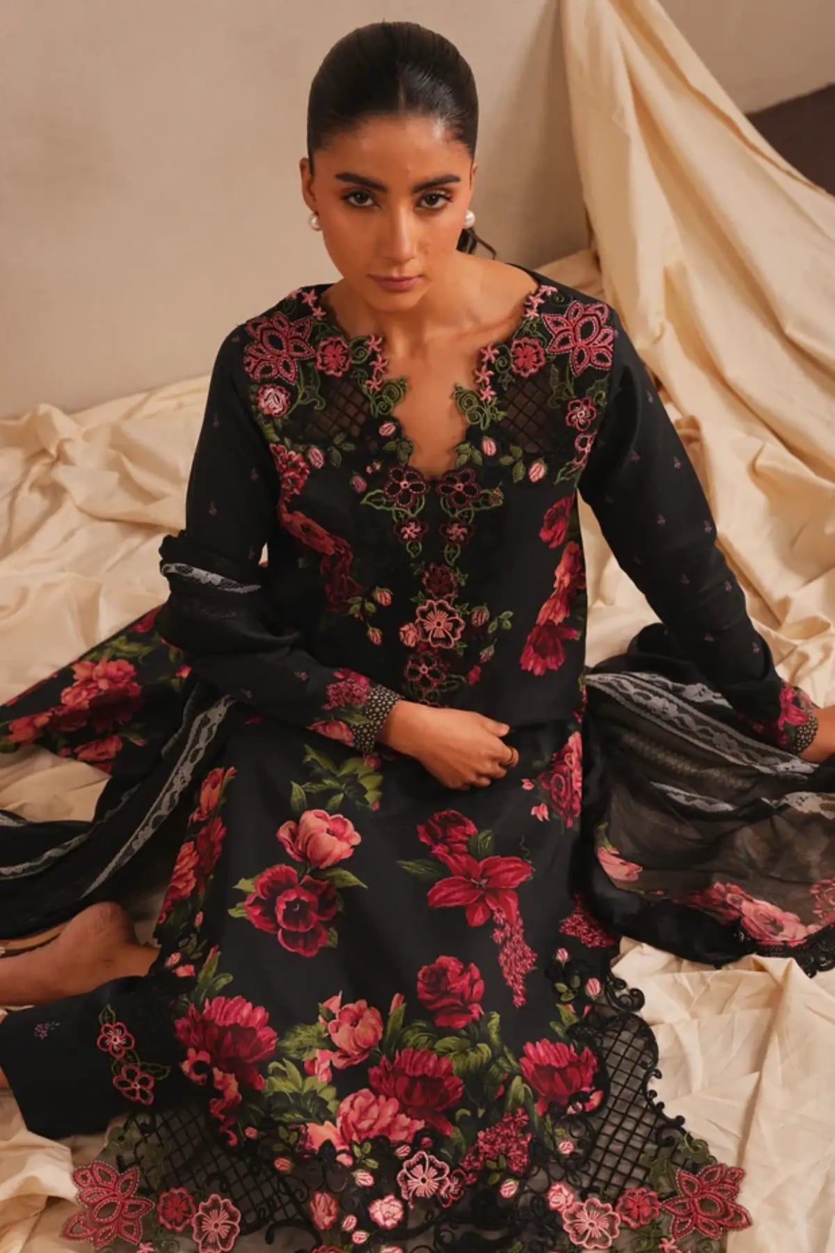 Azure Bloom MSSL-07 by Asifa & Nabeel black stitched lawn 3PC from Meraki Summer 26