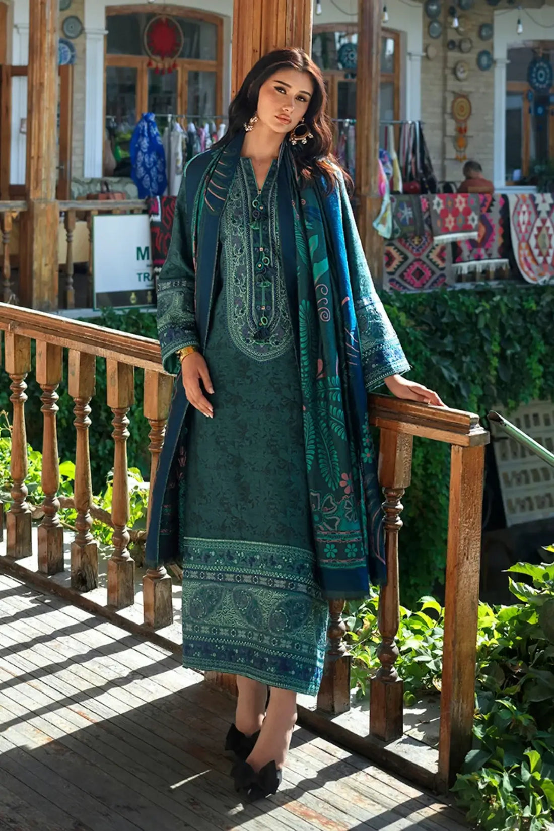 Azure Echo by Mushq Broadway Winter 2026 teal jacquard viscose stitched winter suit with embroidered neckline and shawl
