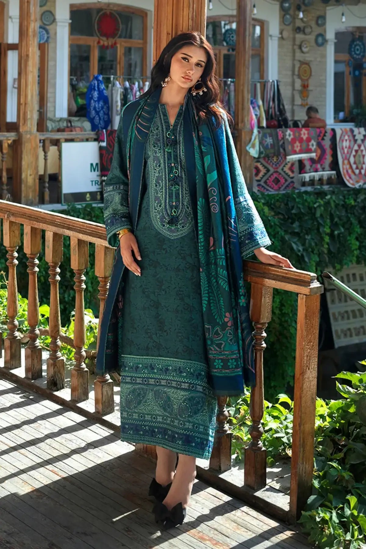 Azure Echo by Mushq Broadway Winter 2026 teal jacquard viscose stitched winter suit with embroidered neckline and shawl
