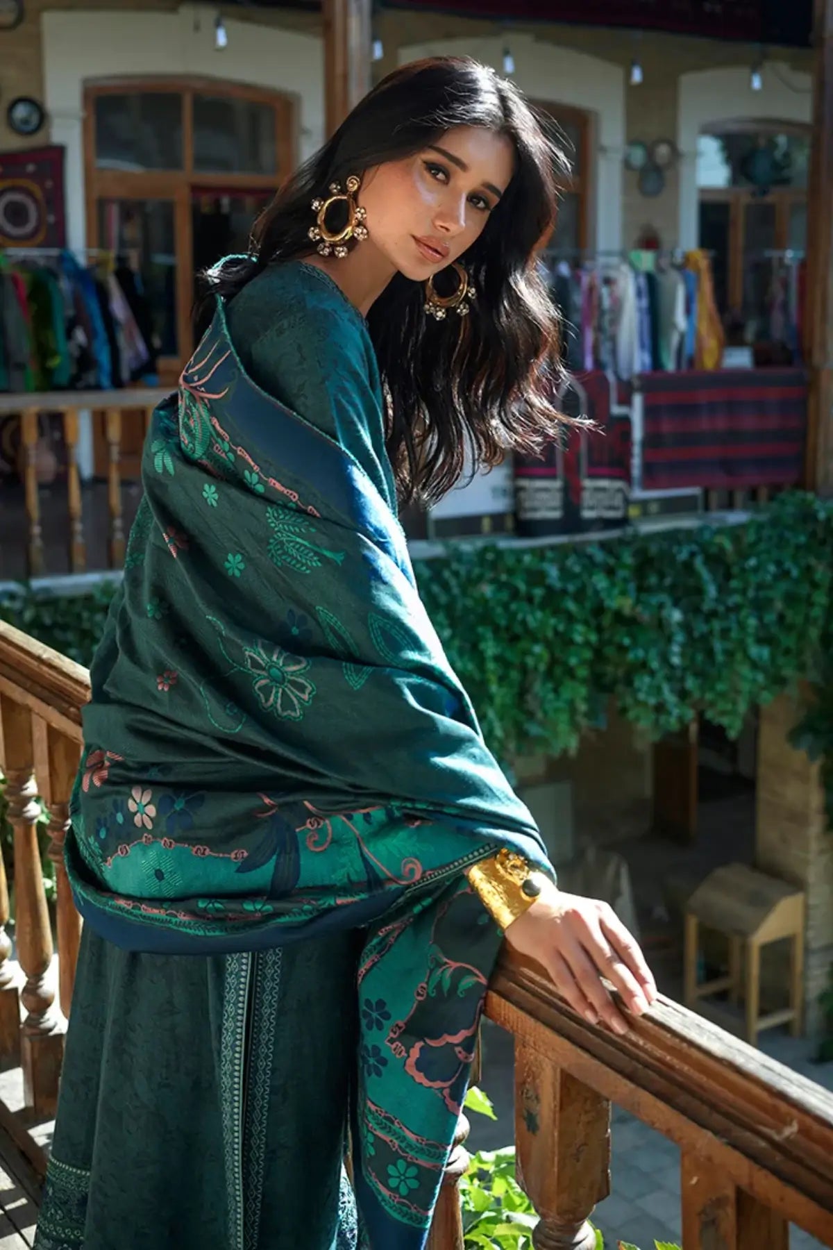 Azure Echo by Mushq Broadway Winter 2026 teal jacquard viscose stitched winter suit with embroidered neckline and shawl