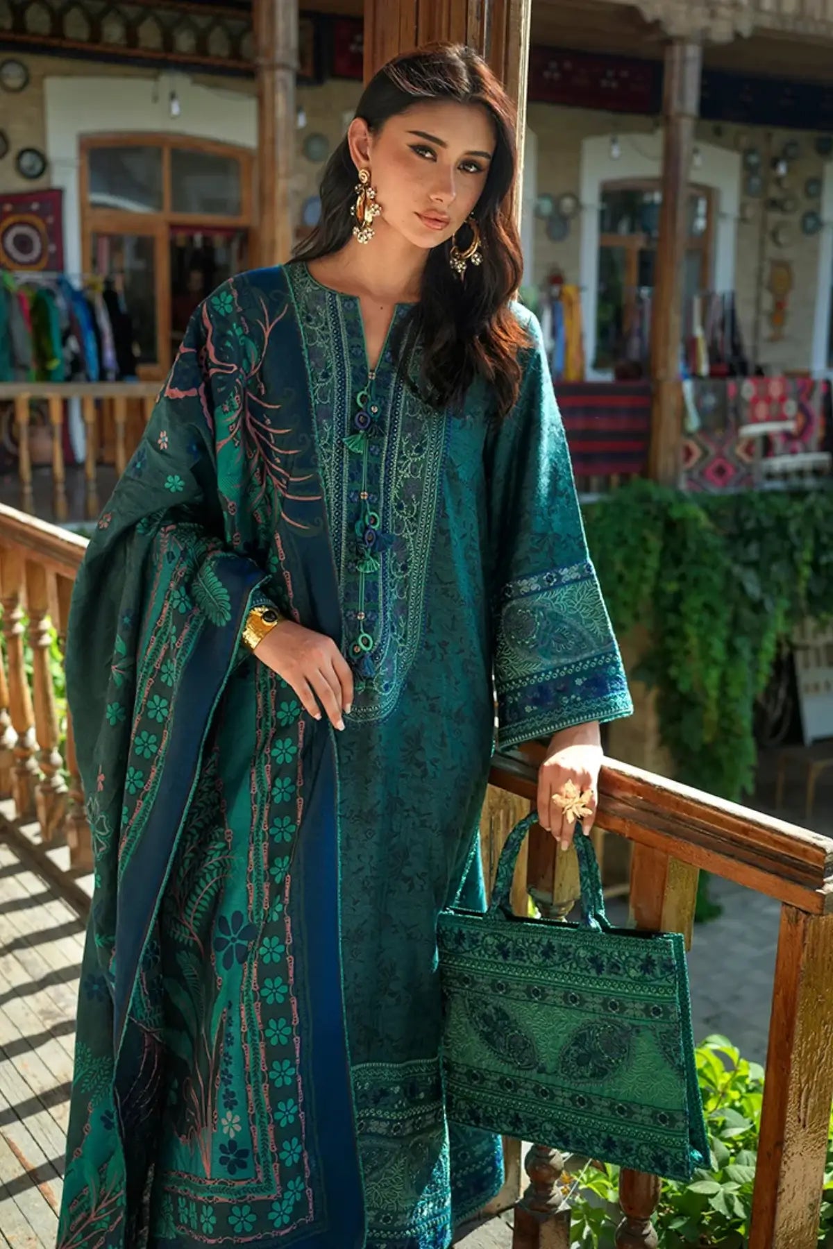 Azure Echo by Mushq Broadway Winter 2026 teal jacquard viscose stitched winter suit with embroidered neckline and shawl