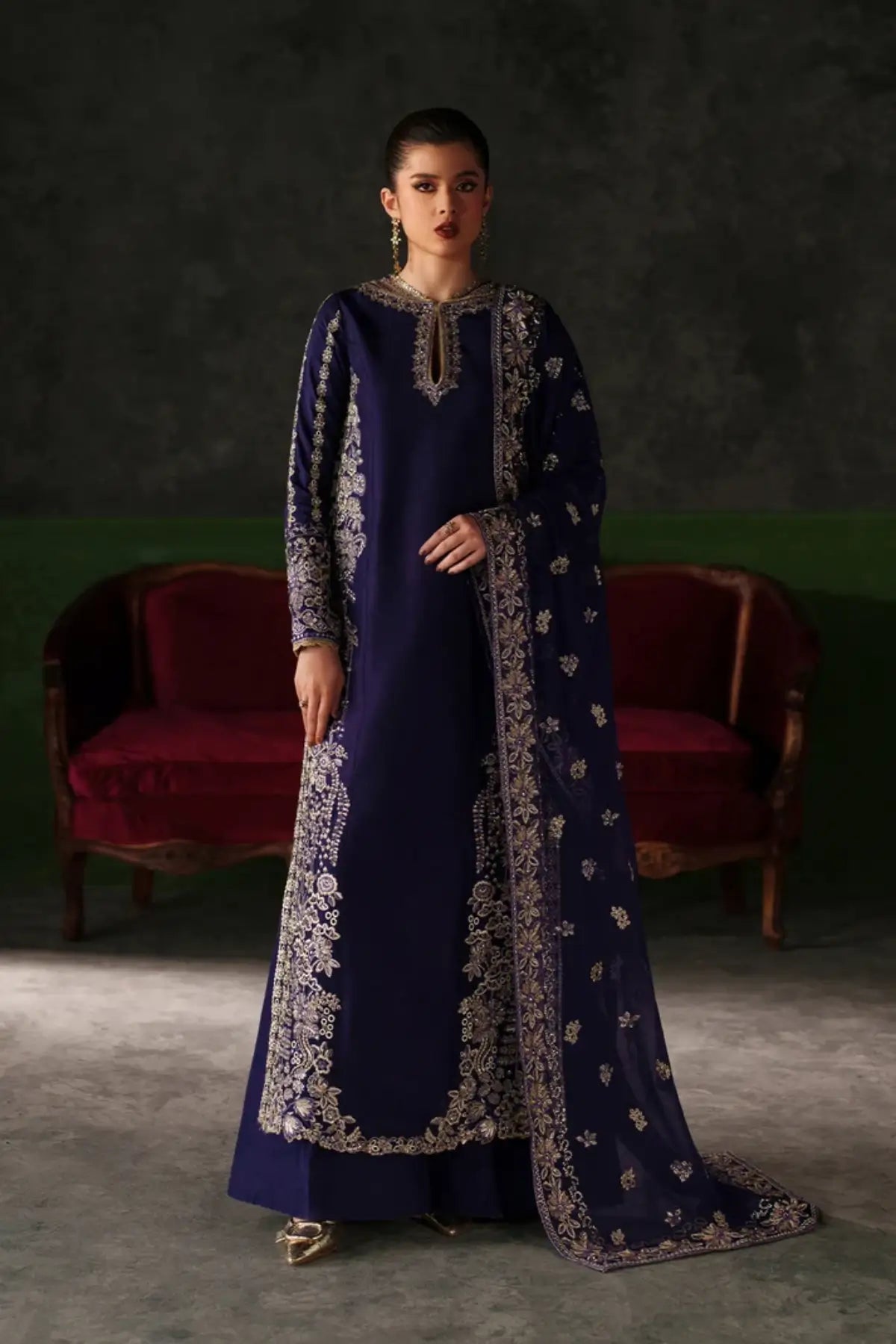 Azure Sapphire navy blue embroidered raw silk stitched 3PC Pakistani suit with chiffon dupatta