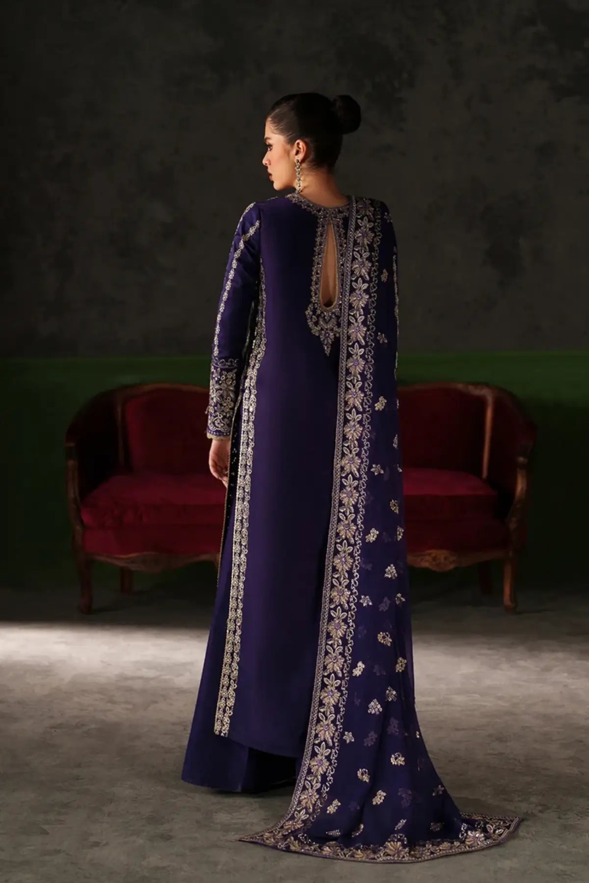 Azure Sapphire navy blue embroidered raw silk stitched 3PC Pakistani suit with chiffon dupatta