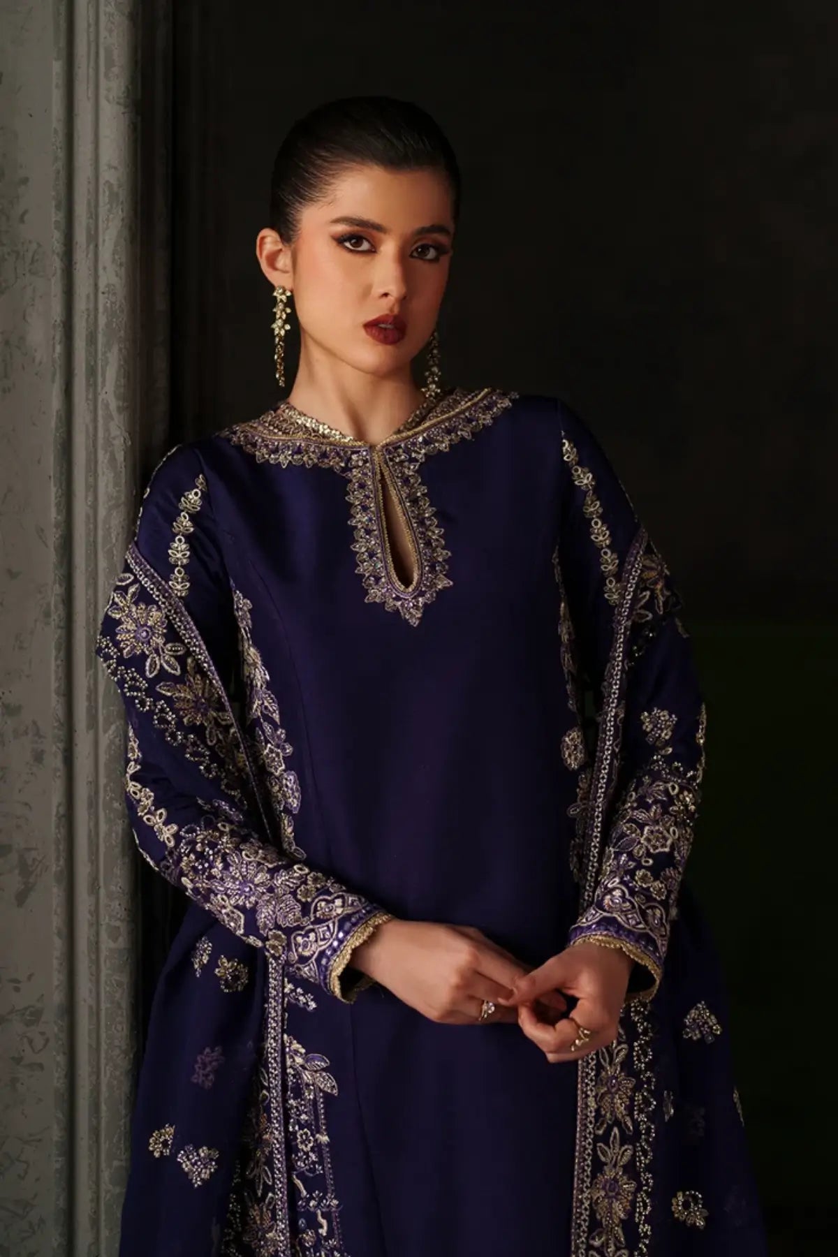 Azure Sapphire navy blue embroidered raw silk stitched 3PC Pakistani suit with chiffon dupatta