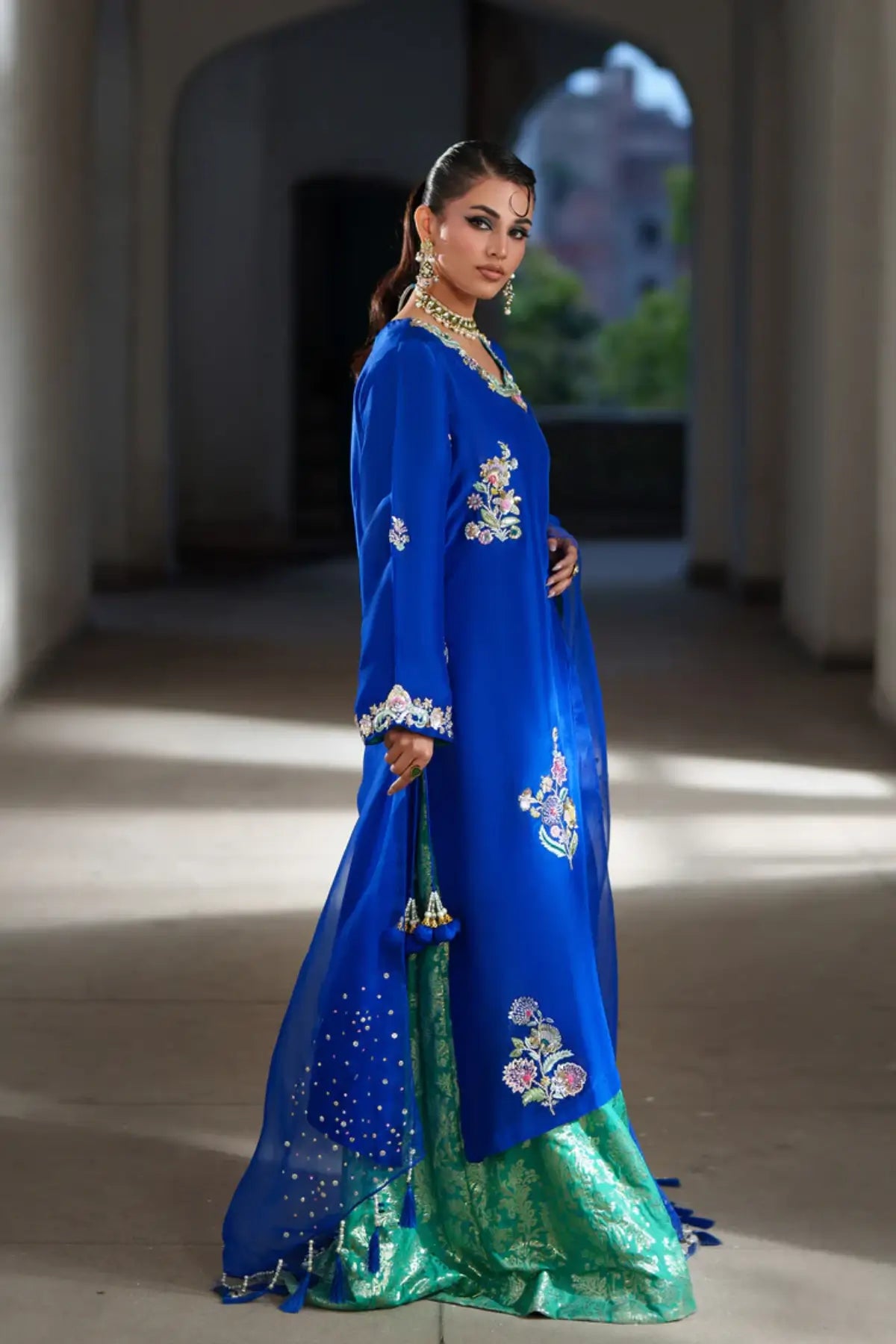 Azure cobalt blue silk sharara 3PC suit with dupatta for Eid and wedding wear Pakistanimoda stitched designer outfit