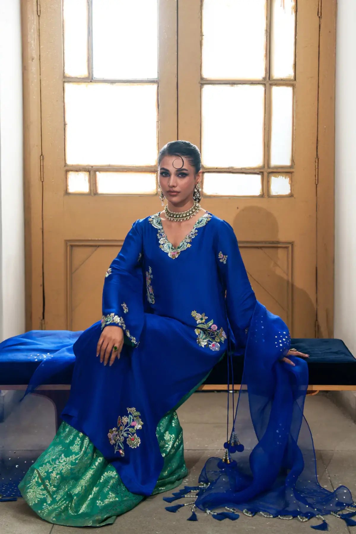 Azure cobalt blue silk sharara 3PC suit with dupatta for Eid and wedding wear Pakistanimoda stitched designer outfit