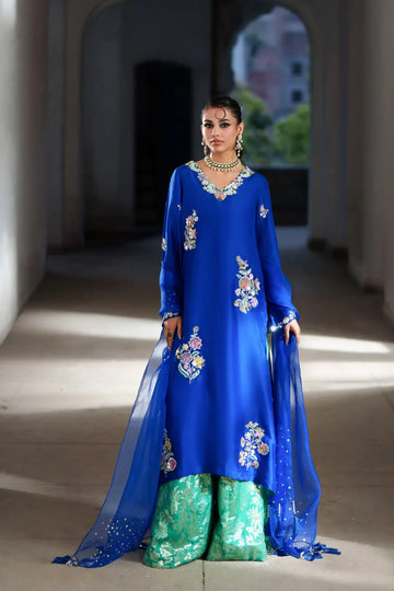Azure cobalt blue silk sharara 3PC suit with dupatta for Eid and wedding wear Pakistanimoda stitched designer outfit