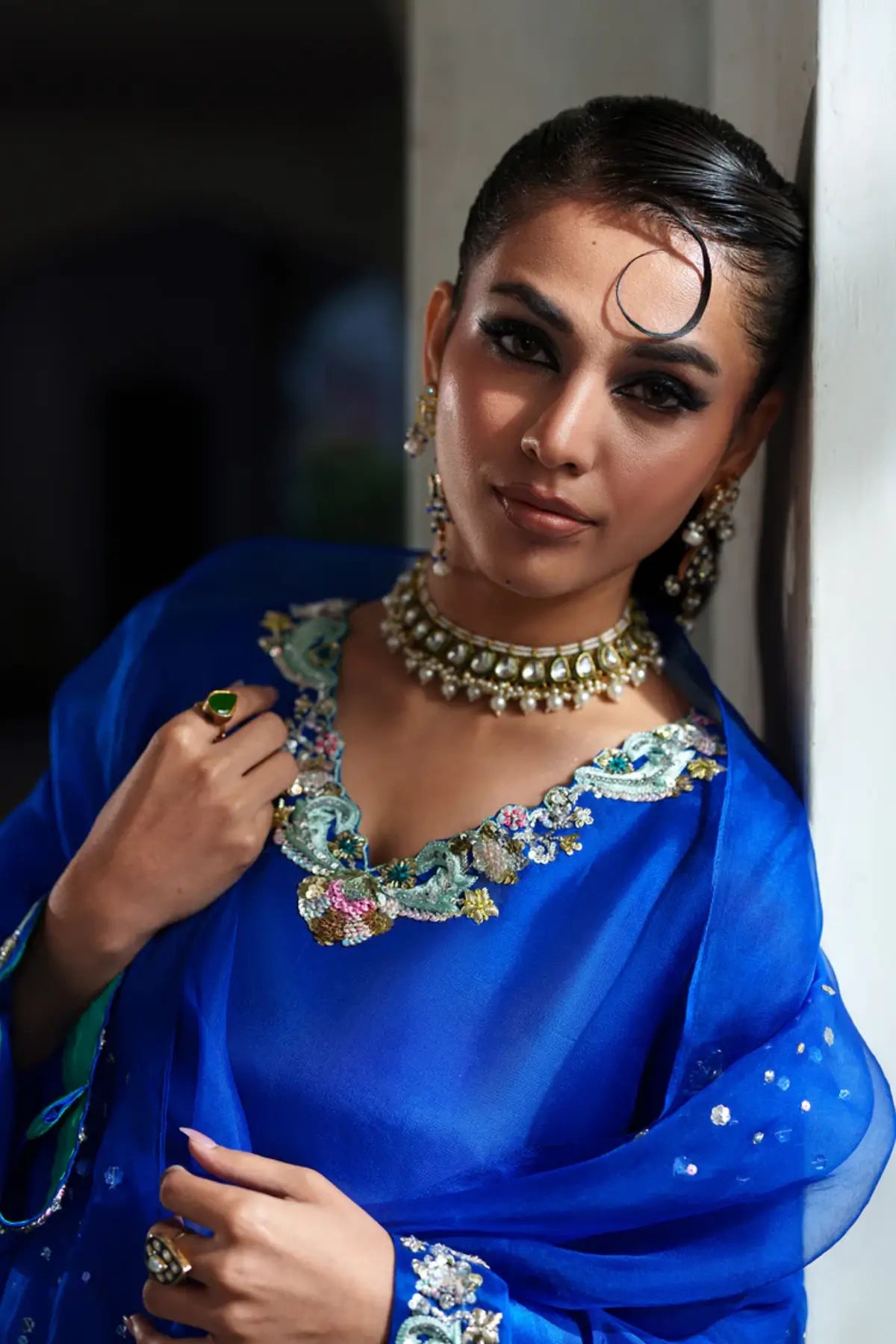 Azure cobalt blue silk sharara 3PC suit with dupatta for Eid and wedding wear Pakistanimoda stitched designer outfit
